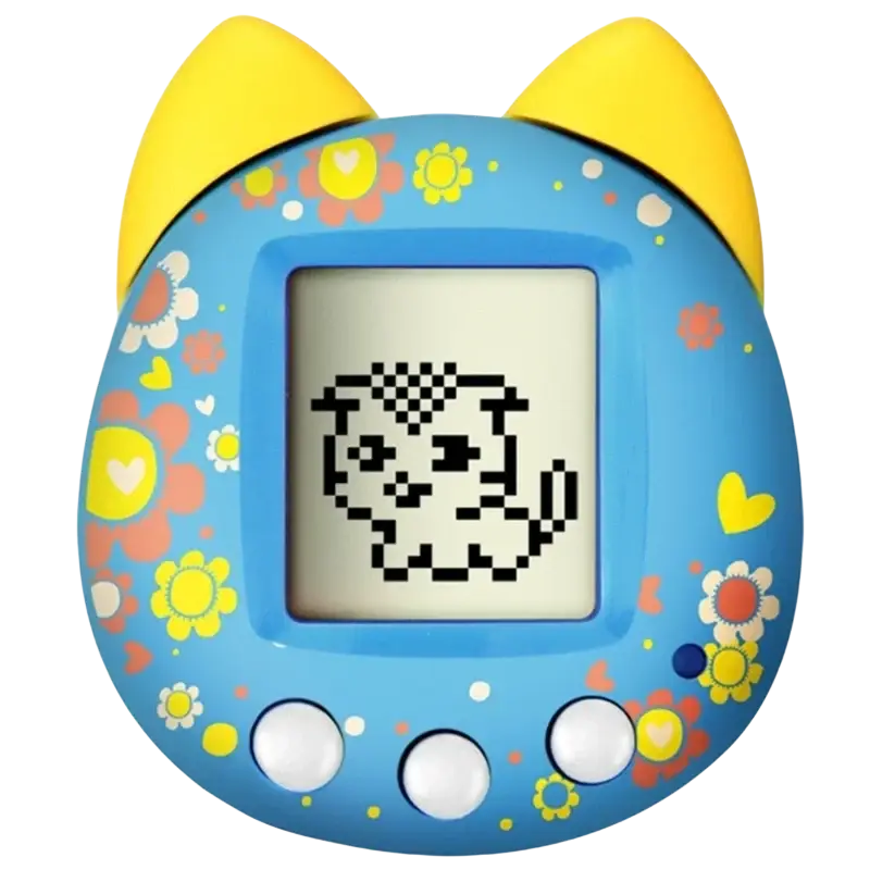 Blue cat-themed virtual pet handheld electronic toy with yellow ears and floral patterns showing a pixelated pet game
