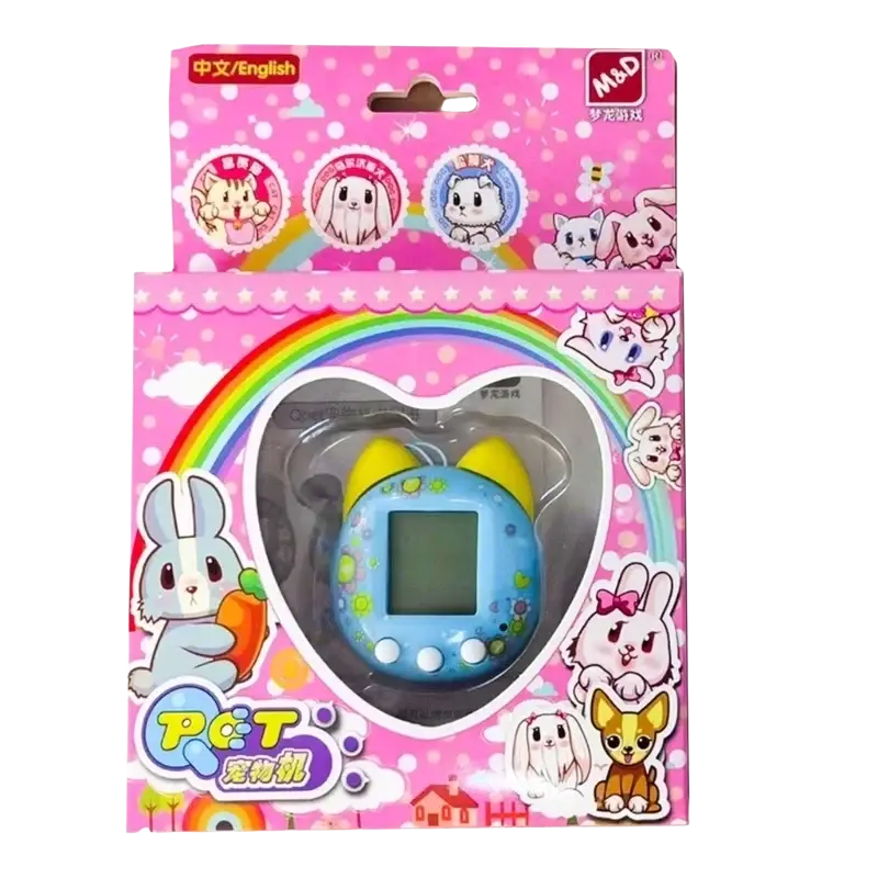 Blue plastic virtual pet game handheld electronic toy with yellow ears and green polka dots in pink animal box