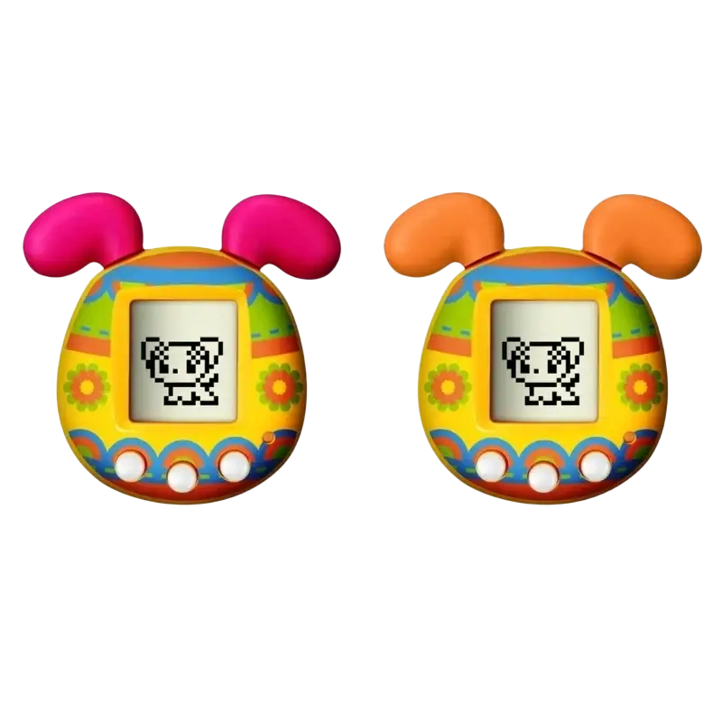 Colorful egg-shaped virtual pet handheld electronic toy with pink and orange ears and pixelated cartoon animal screen