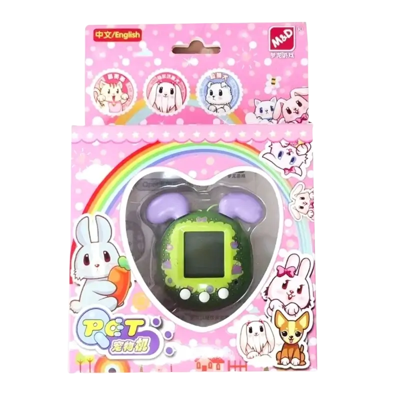 Virtual pet game handheld electronic toy featuring a green and purple electronic pet with heart-shaped casing in pink packaging