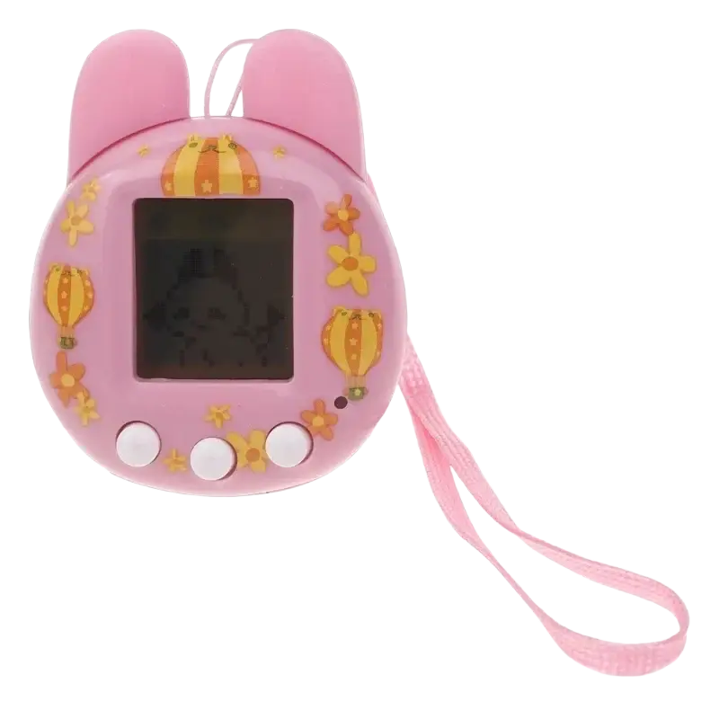 Pink tamagotchi virtual pet handheld electronic pet game with bunny ears, yellow balloon, and flower decals on smooth plastic body