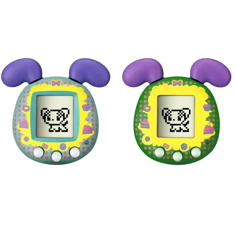 Purple-earred tamagotchi handheld electronic pet game with colorful patterned casing and pixelated virtual pet screen
