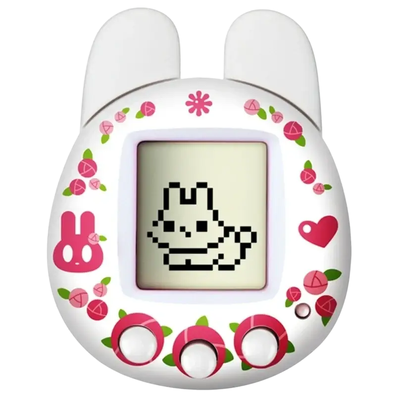 White rabbit-themed virtual pet game handheld electronic toy with pink floral and heart decals and pixelated cat display