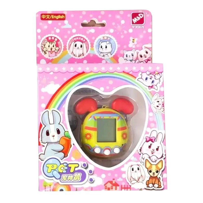 Yellow and red patterned tamagotchi electronic pet with rounded ears in heart-shaped clear plastic on pink virtual pet game packaging