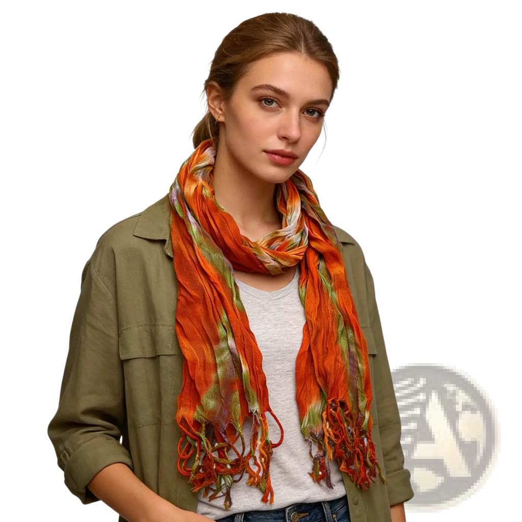 A vibrant orange and green lightweight viscose scarf with tie dye print and frayed edges worn loosely around the neck