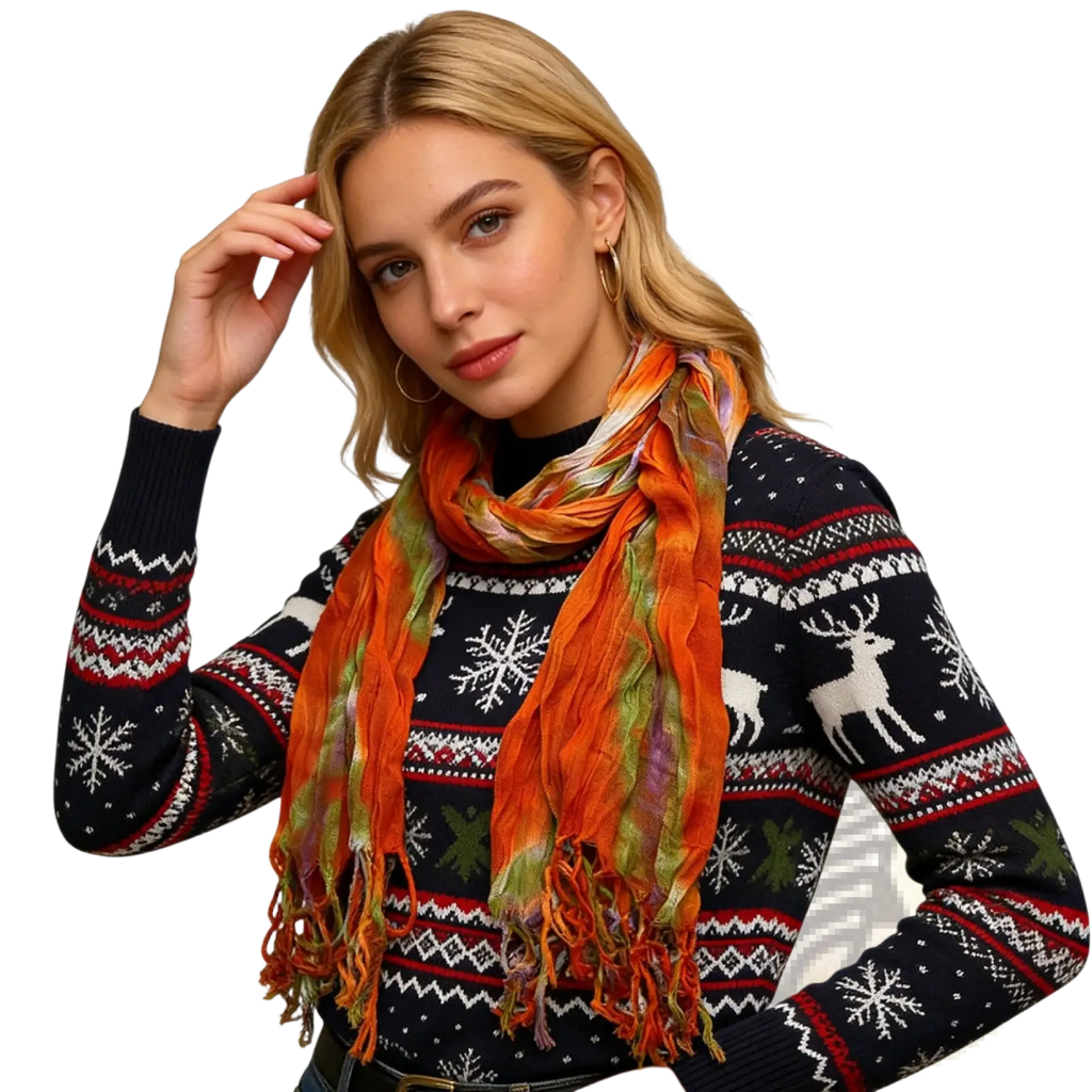 A vibrant orange green and purple lightweight viscose tie dye scarf with fringed edges for dress accessory