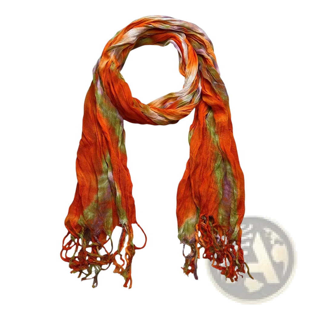 A lightweight viscose scarf with a vibrant orange green and purple tie dye print and fringed ends