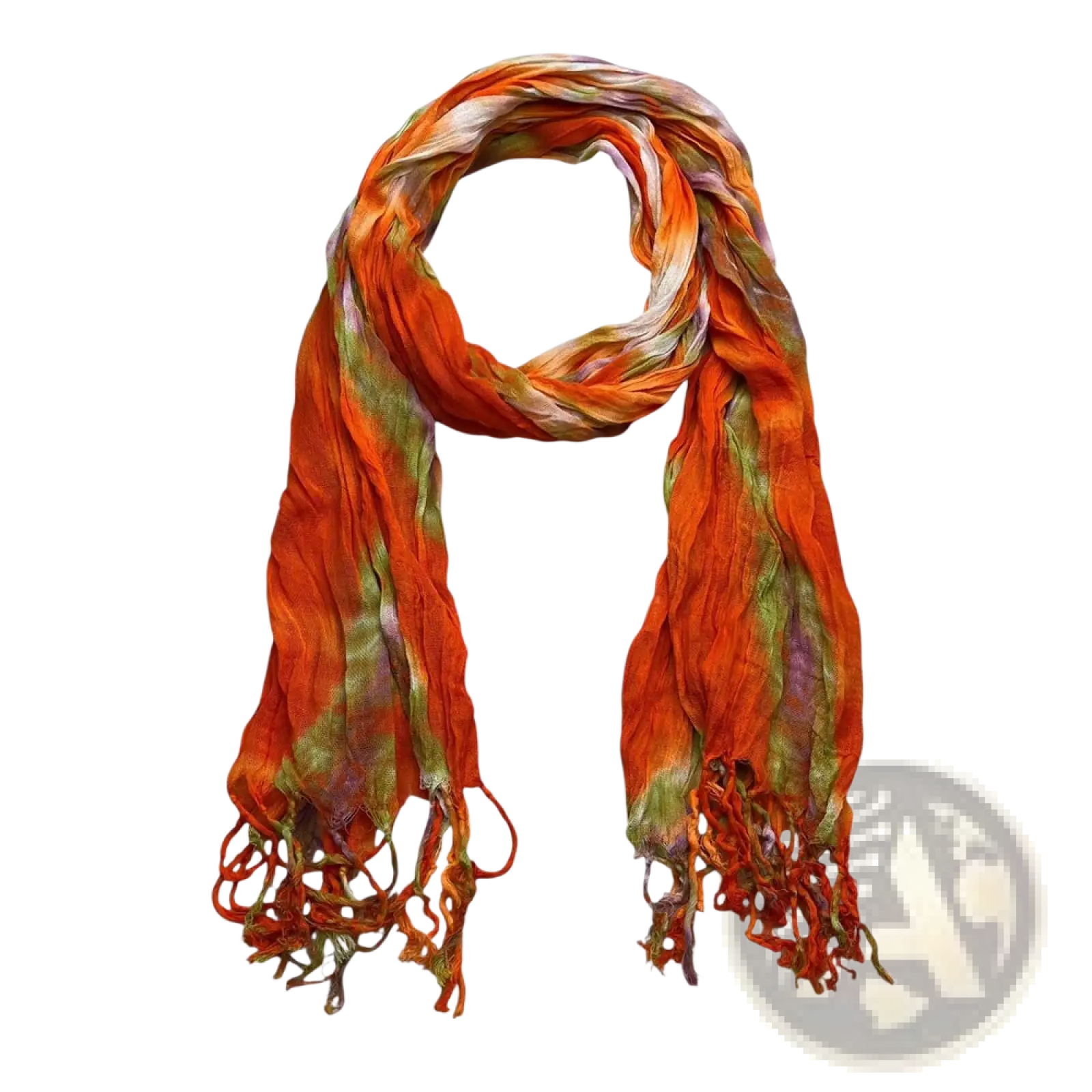 A lightweight viscose scarf with a vibrant orange green and purple tie dye print and fringed ends