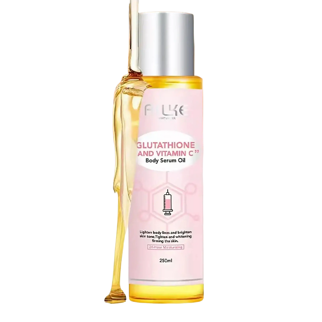 A 250ml bottle of fulke glutathione vitamin c essential oil with silver cap and pink label for smooth skin care