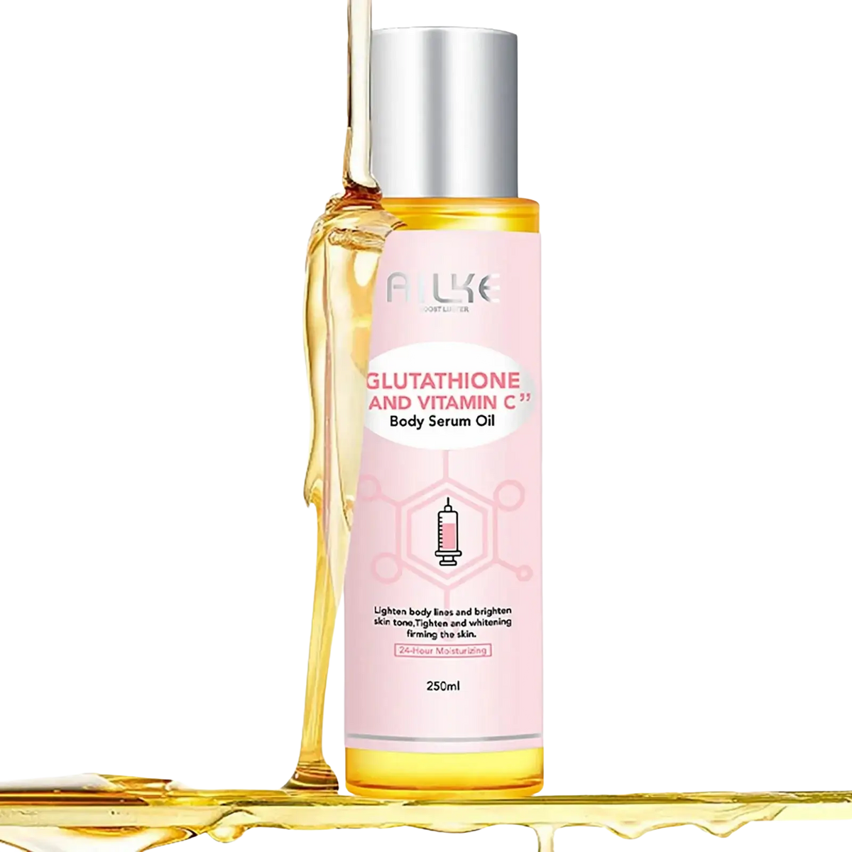 A pink-labeled bottle of alke glutathione and vitamin c essential oil with silver cap containing golden-yellow serum for smooth skin care