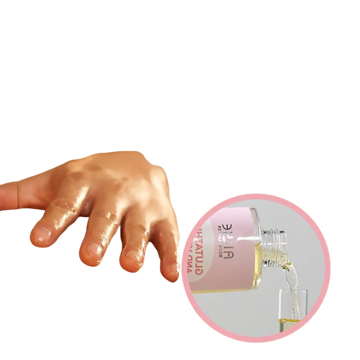 Pink labeled vitamin c body essential oil in clear glass bottle with dropper cap for smooth skin care and firming