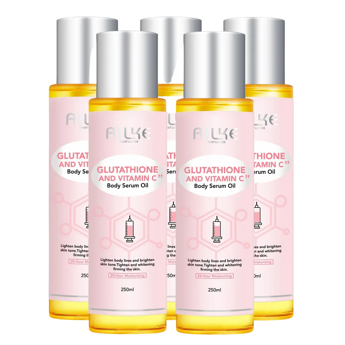 Pink-labeled bottles of alke glutathione vitamin c essential oil with silver caps containing yellow liquid for smooth skin care