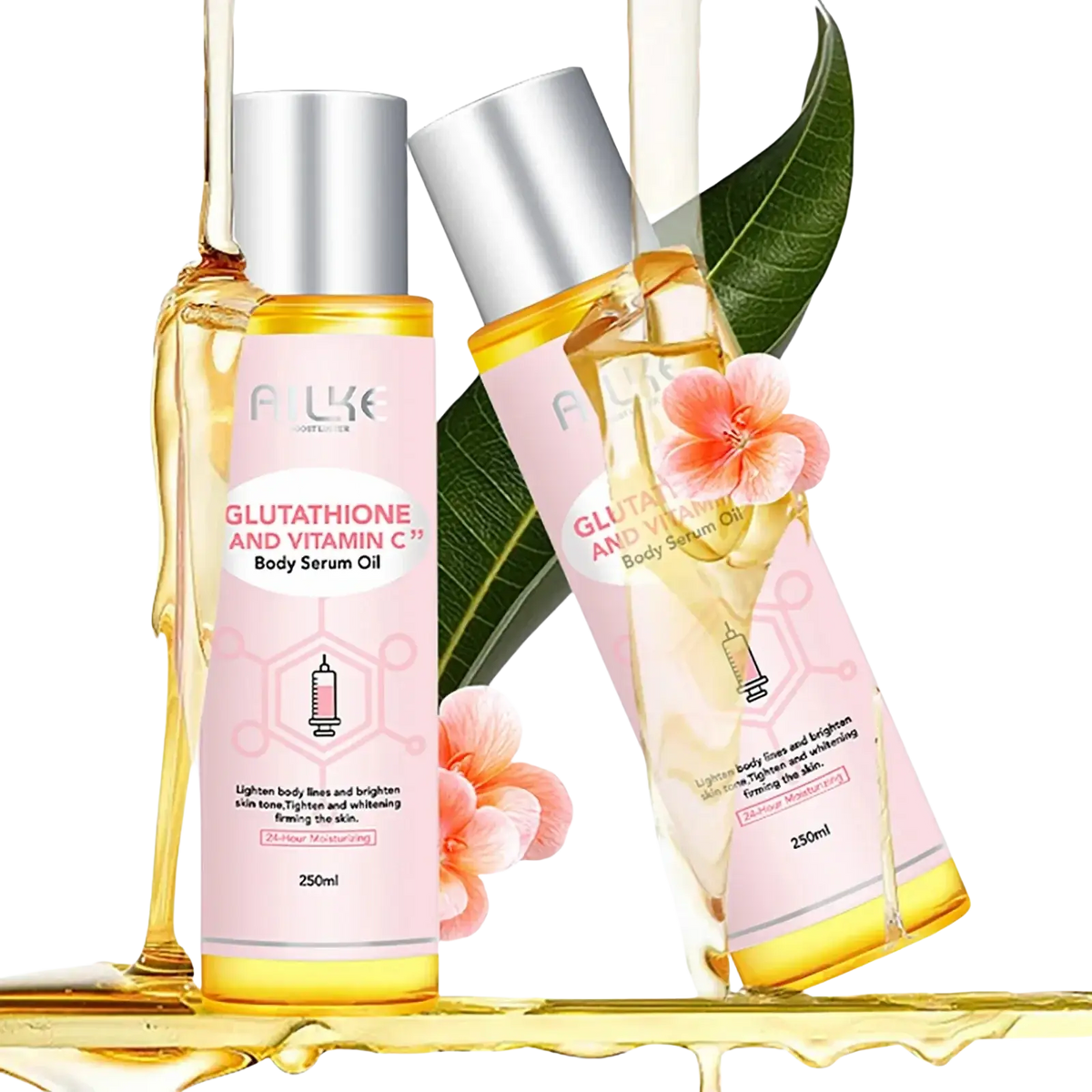 Pink labeled bottles of glutathione and vitamin c essential oil with silver caps for smooth skin care 250ml