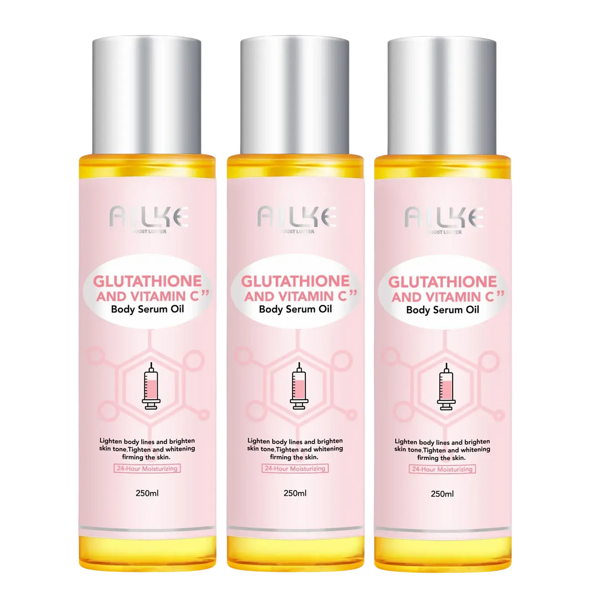 Three identical pink-tinted bottles of alke glutathione vitamin c essential oil with silver caps for smooth skin care