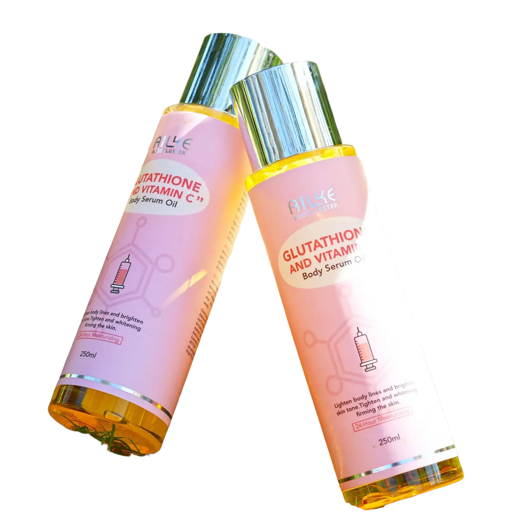 Two pink-tinted bottles of ailye glutathione and vitamin c essential oil for smooth skin 250ml for skin care use