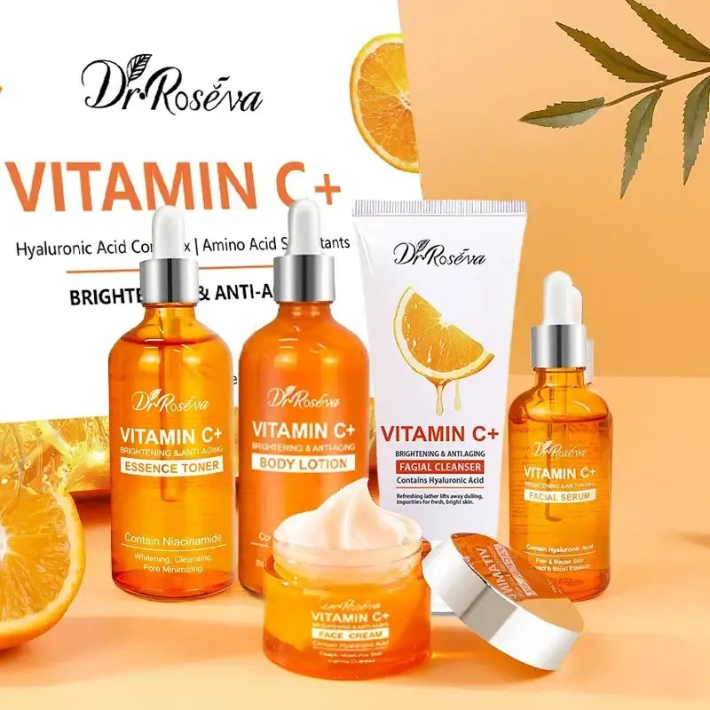 Dr vitamin c brightening skincare set with orange packaging for radiant skin and antioxidant protection