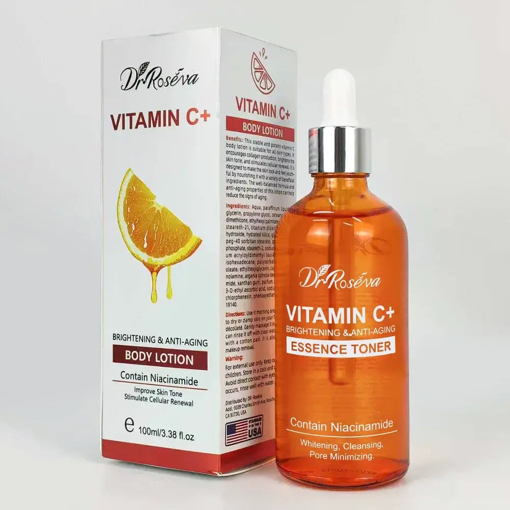 Dr vitamin c brightening skincare set showing front view of orange bottles designed for skin brightening use