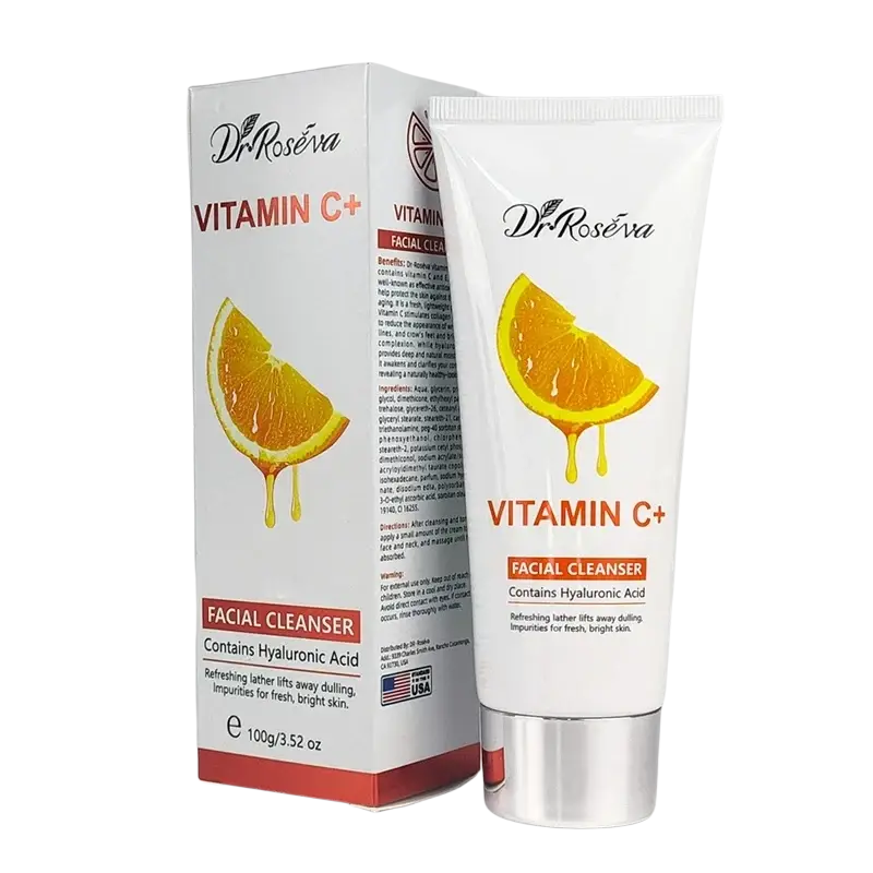 White tube of dr vitamin c brightening skincare set showing product packaging for facial use