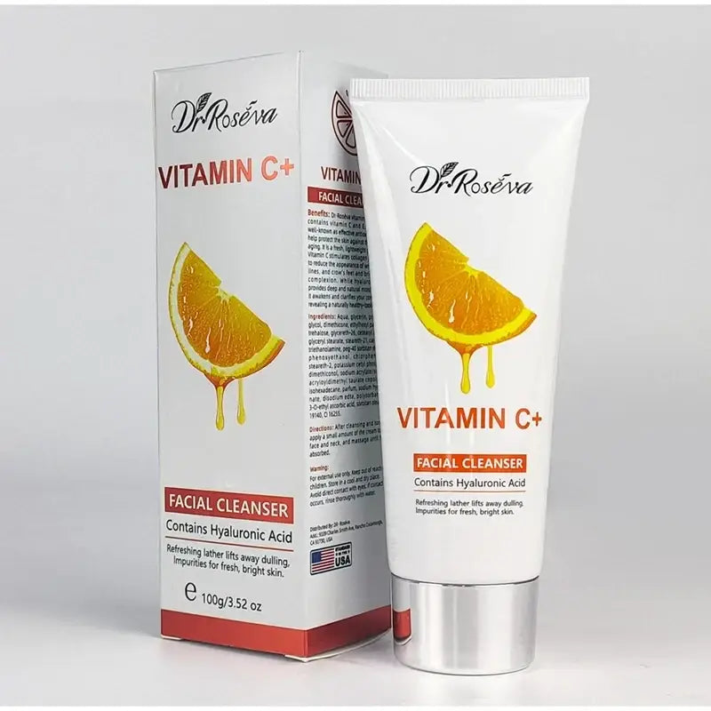 White tube of dr vitamin c brightening skincare set showing product packaging for facial use