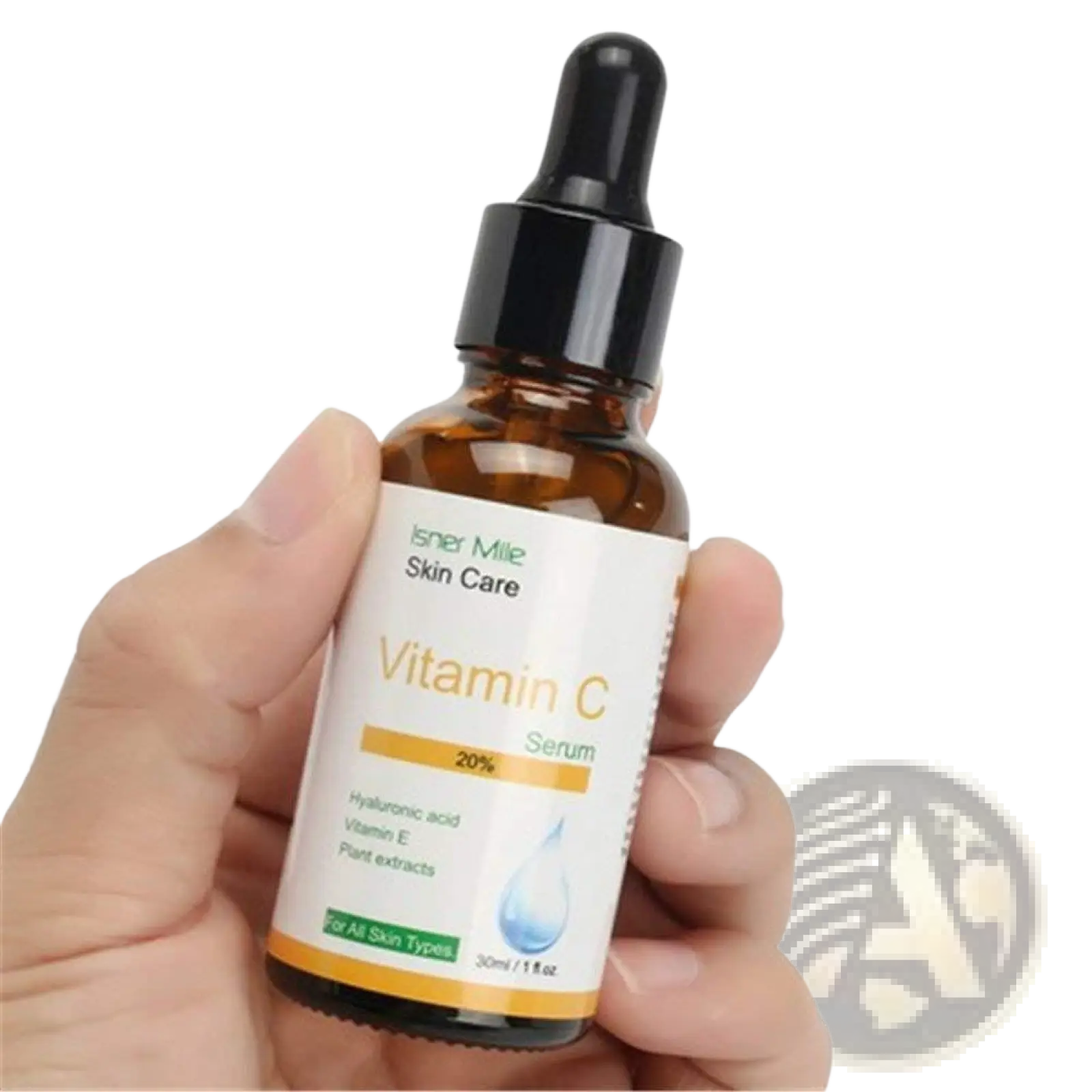 A 30ml amber glass bottle of Isner Mille vitamin C serum with black dropper and white label with gold accents
