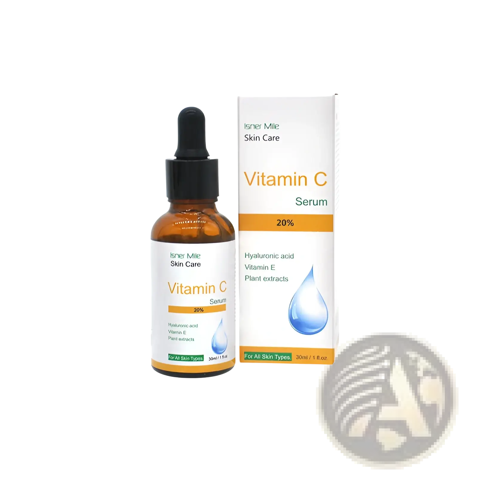 Amber glass bottle with black dropper cap and white label of Isner Mile Vitamin C Serum 20% brightening and firming essence