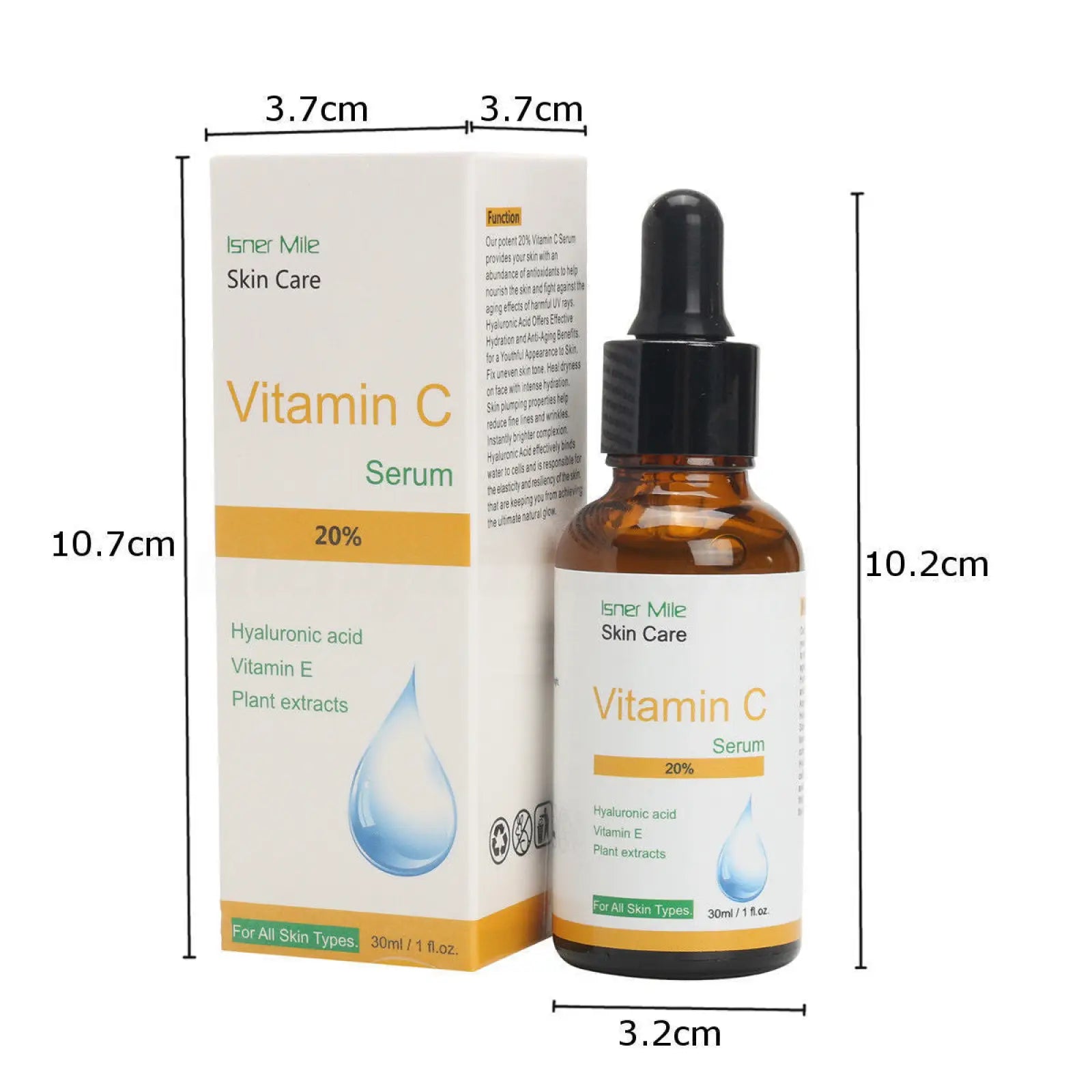 Isner mile vitamin c serum 20 percent brightening and firming essence in 30ml amber glass bottle with black dropper and white orange box