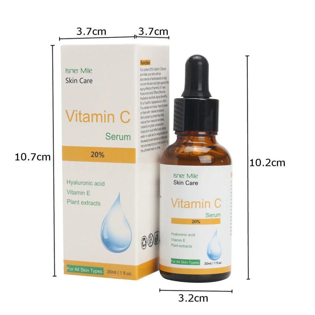 Isner mile vitamin c serum 20 percent brightening and firming essence in 30ml amber glass bottle with black dropper and white orange box