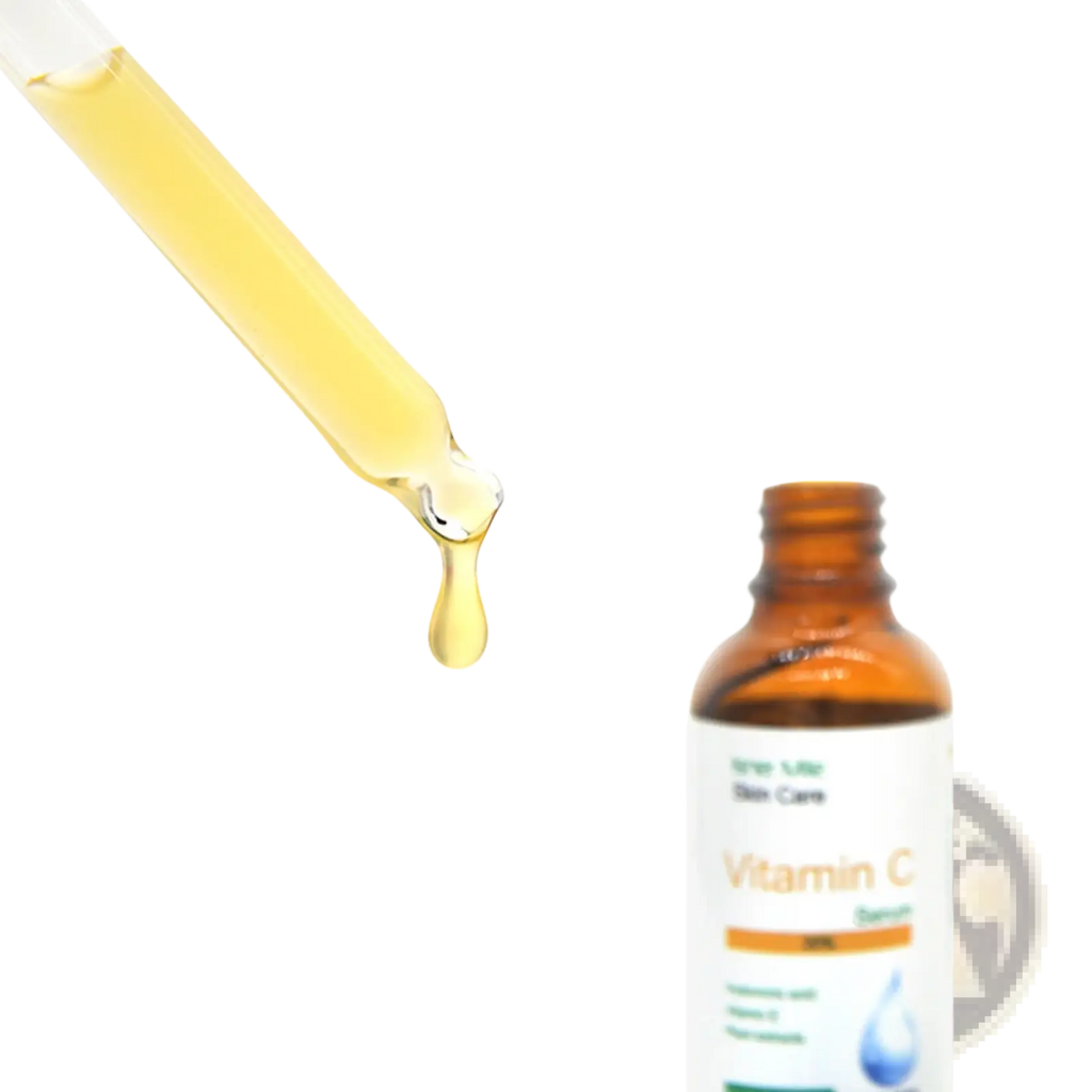 A dropper with golden-yellow vitamin c serum hovers above amber glass bottle brightening and firming essence
