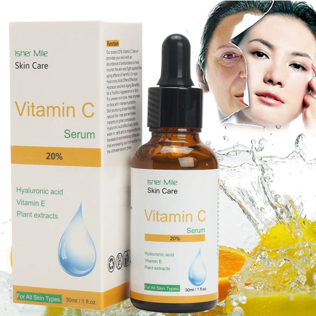 Amber glass bottle with black dropper cap and white label for isner mile skin care vitamin c serum 20 percent brightening and firming essence