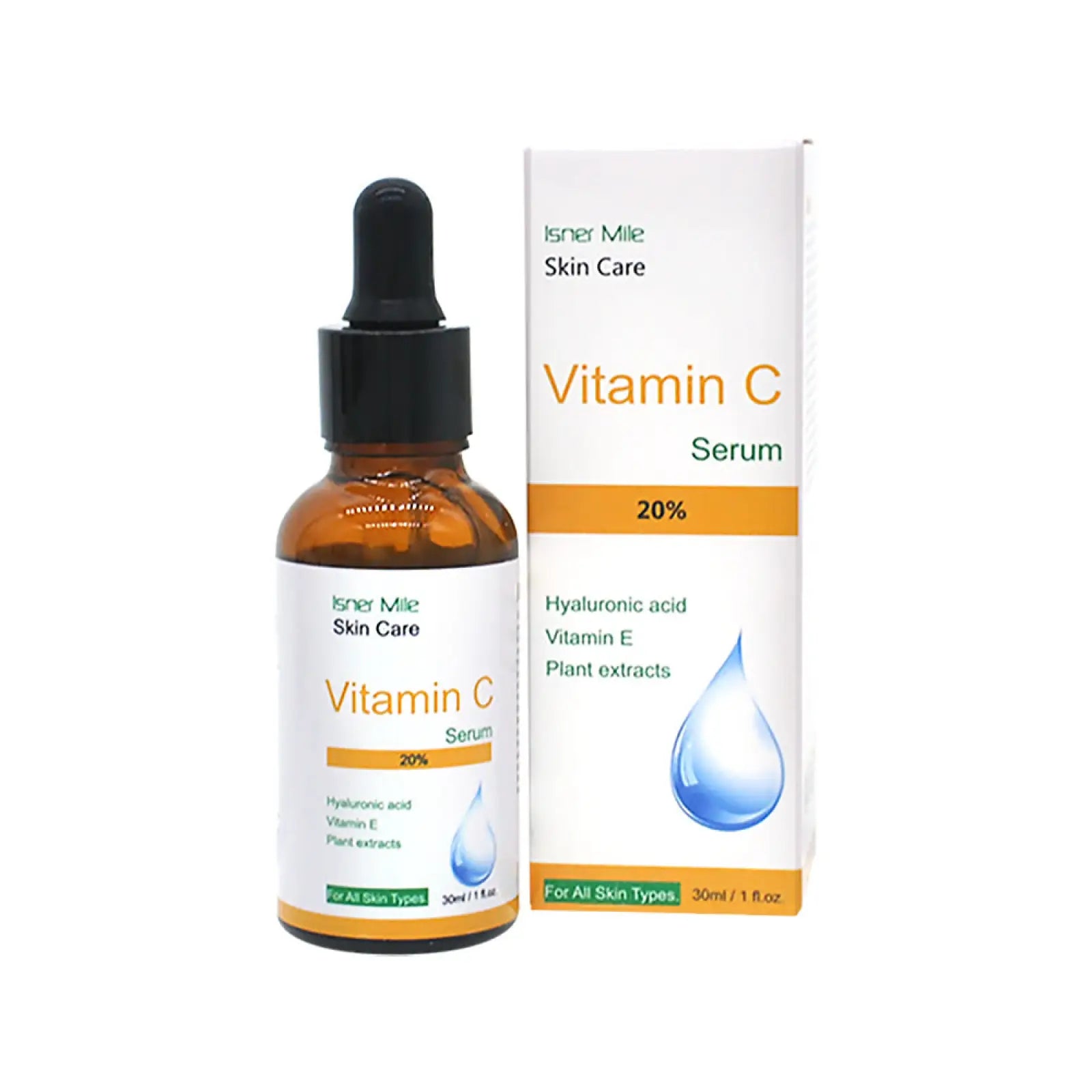 Isner mile vitamin c serum 20% brightening and firming essence in a brown glass dropper bottle with black cap and white orange box