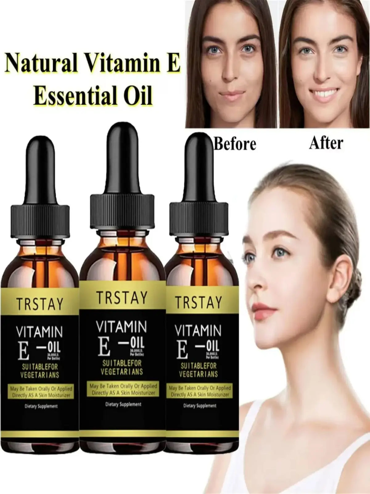 Three amber glass bottles of trstay vitamin e face essence with black dropper caps for moisturizing whitening skin care