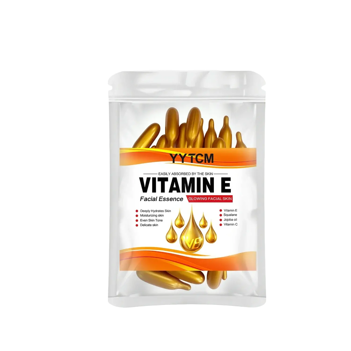 A clear plastic pouch of yytcm vitamin e moisturizing face serum capsules with golden essence and orange accents