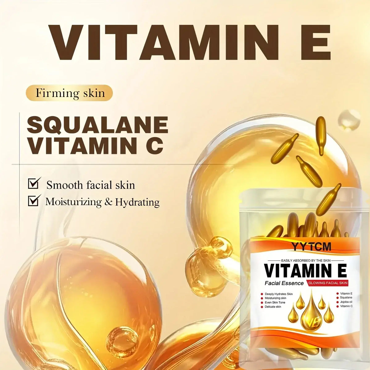 A clear plastic pouch containing golden-yellow vitamin e moisturizing face serum capsules with yytcm label