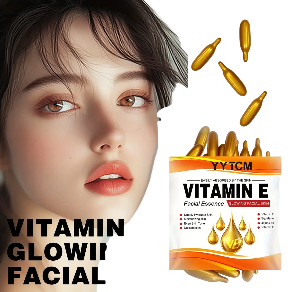 Golden vitamin e moisturizing face serum capsules in clear pouch with orange and white label for facial essence use