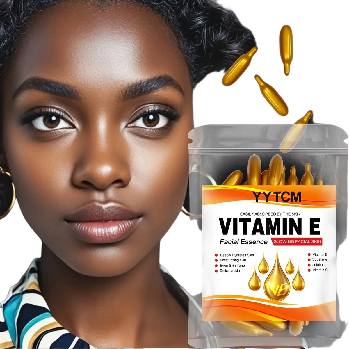 Golden vitamin e moisturizing face serum capsules in a clear resealable pouch with orange and white label