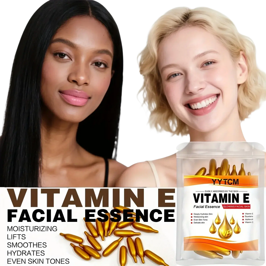 Golden vitamin e moisturizing face serum capsules in a clear pouch with an orange and white label