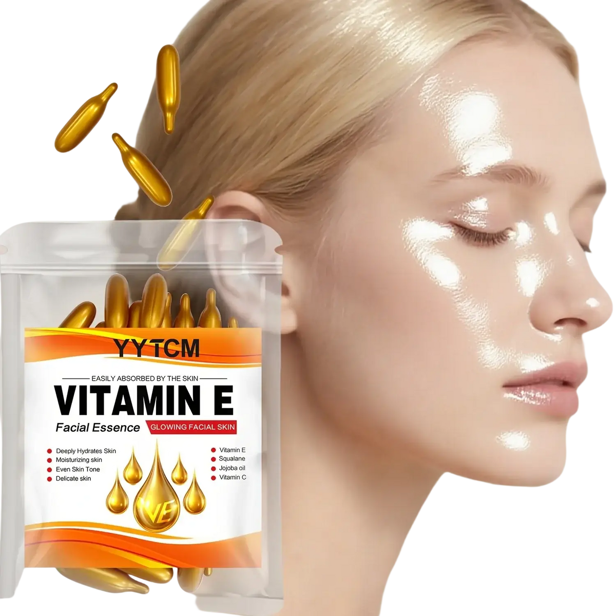 Golden vitamin e moisturizing face serum capsules in a clear plastic pouch with orange and white label
