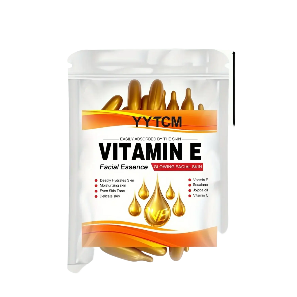 Yytcm vitamin e moisturizing face serum capsules in clear pouch with orange white label and golden droplet-shaped essences