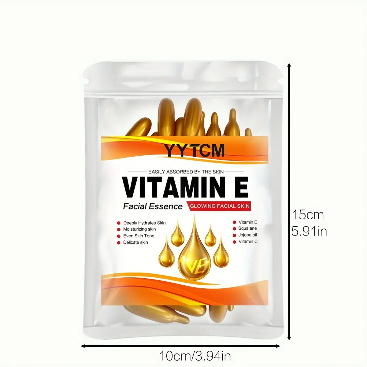 Yytcm vitamin e moisturizing face serum capsules in clear pouch with orange white label and golden droplet-shaped essences