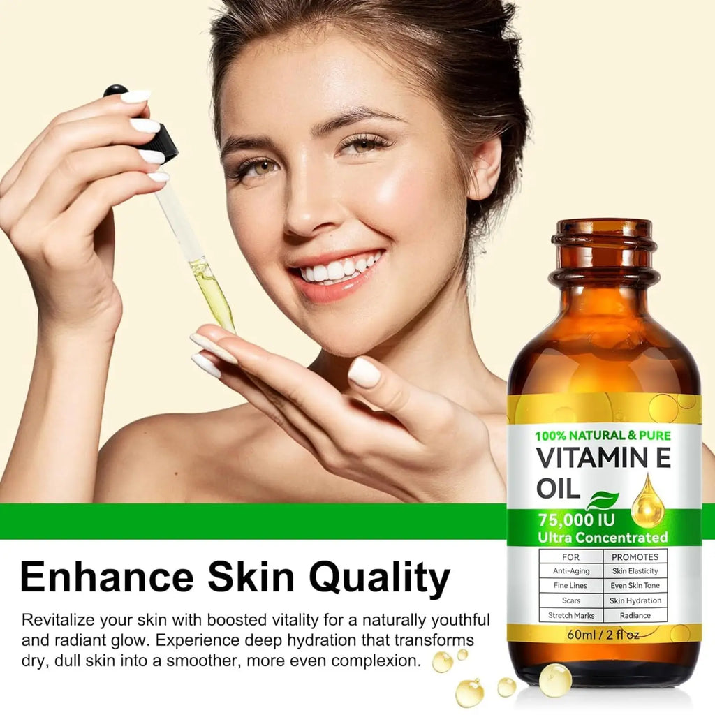 Amber glass bottle of vitamin e oil 75000 iu ultra concentrated with white and green label 60ml packaging visible
