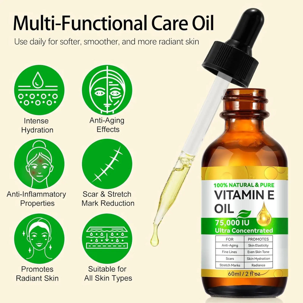 Amber glass bottle with black dropper cap and white label with green accents containing vitamin e oil 75 000 iu ultra concentrated 60ml