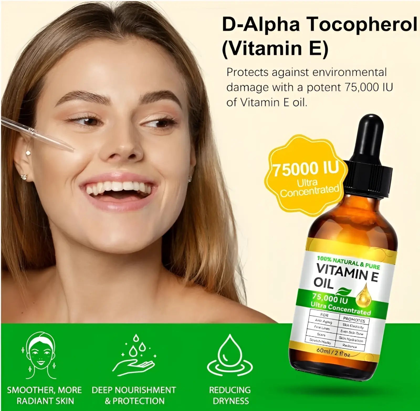 Amber glass vitamin e oil bottle with black dropper cap and white label with green accents 75,000 iu 60ml