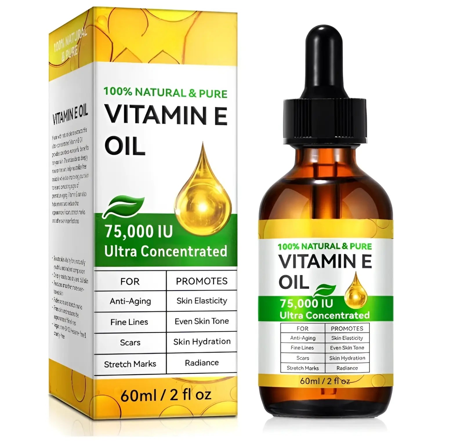 Amber glass bottle with black dropper labeled 100% natural pure vitamin e oil 75,000 iu ultra concentrated 60ml