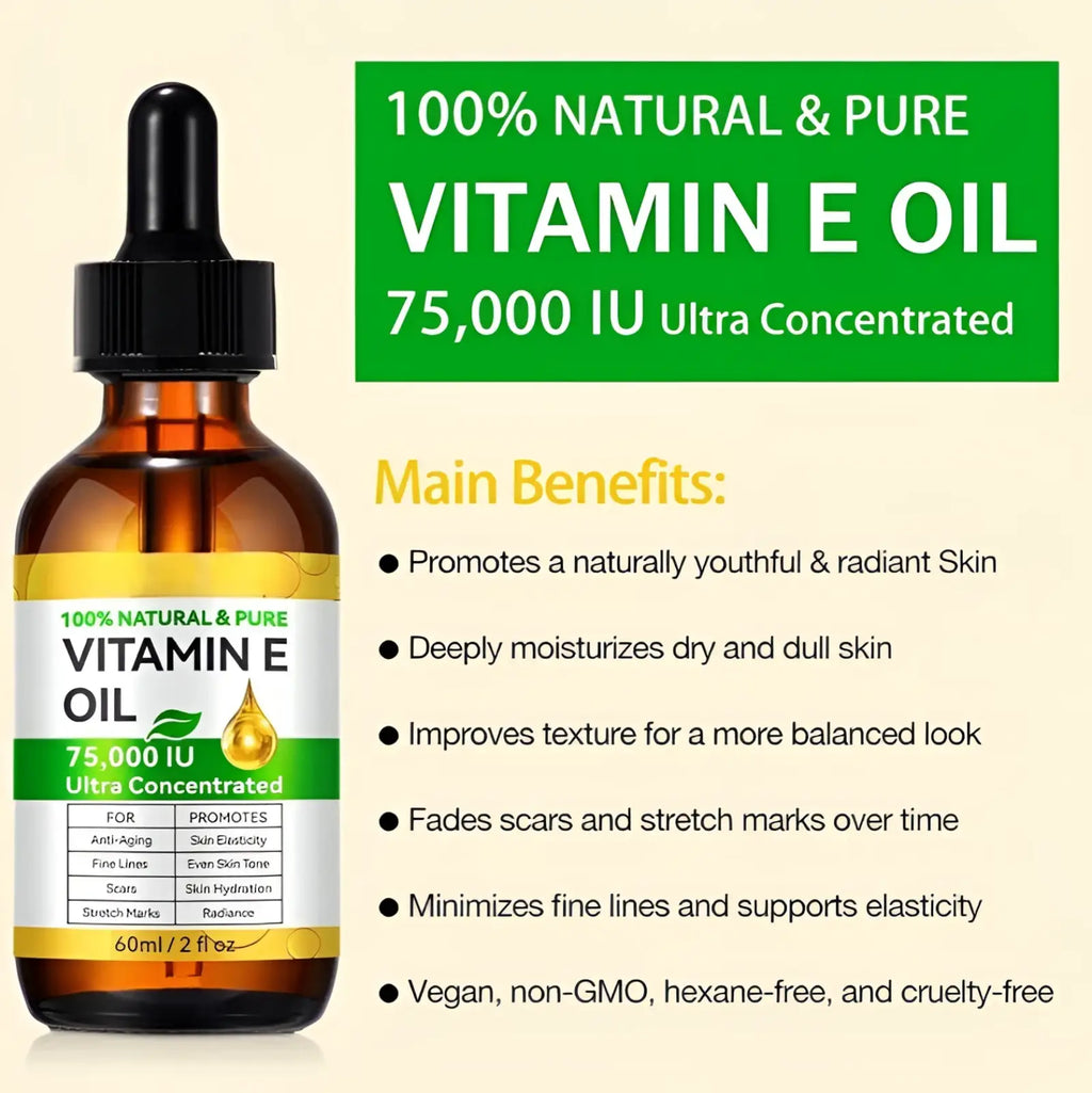 Amber glass bottle with black dropper cap and white label with green accents containing vitamin e oil 75,000 iu 60ml