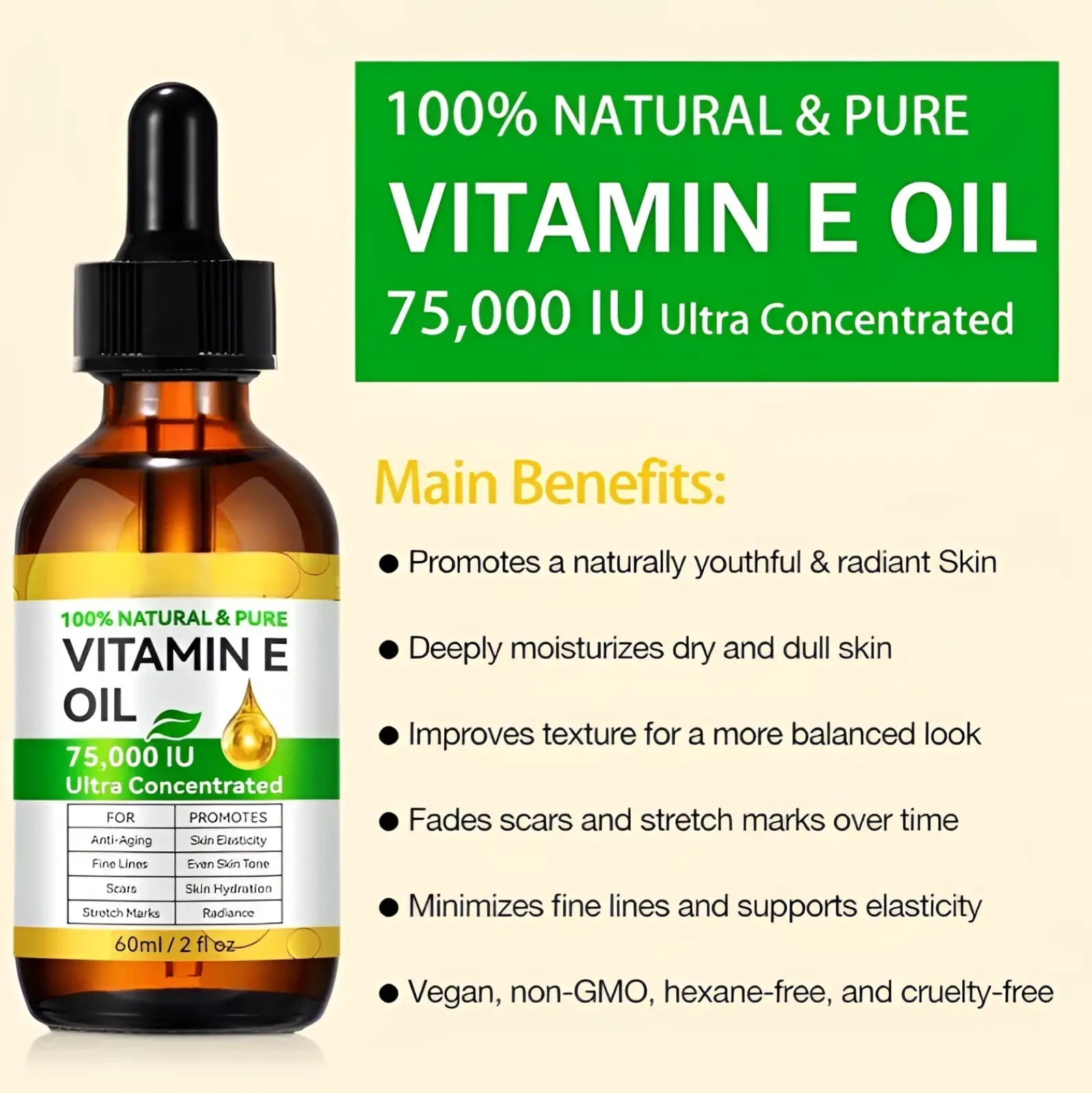 Amber glass bottle with black dropper cap and white label with green accents containing vitamin e oil 75,000 iu 60ml