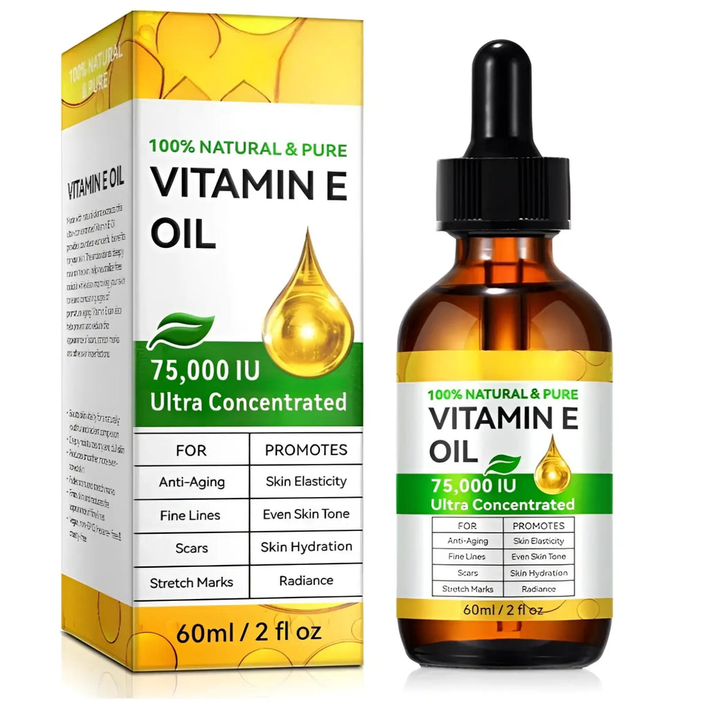 Amber glass bottle with black dropper cap and white label with green accents vitamin e oil 75,000 iu ultra concentrated 60ml