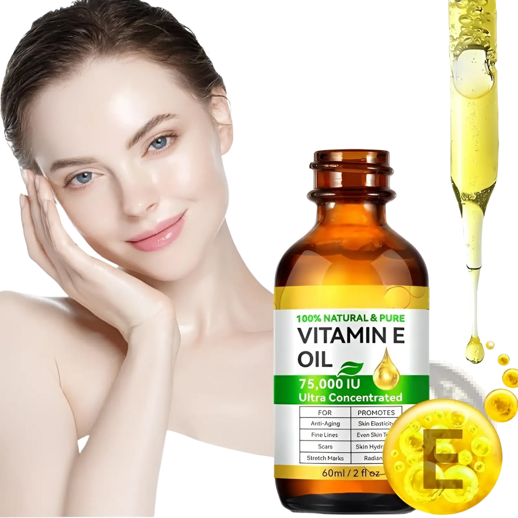 Amber glass bottle of vitamin e oil 75000 iu ultra concentrated 60ml with yellow and green label