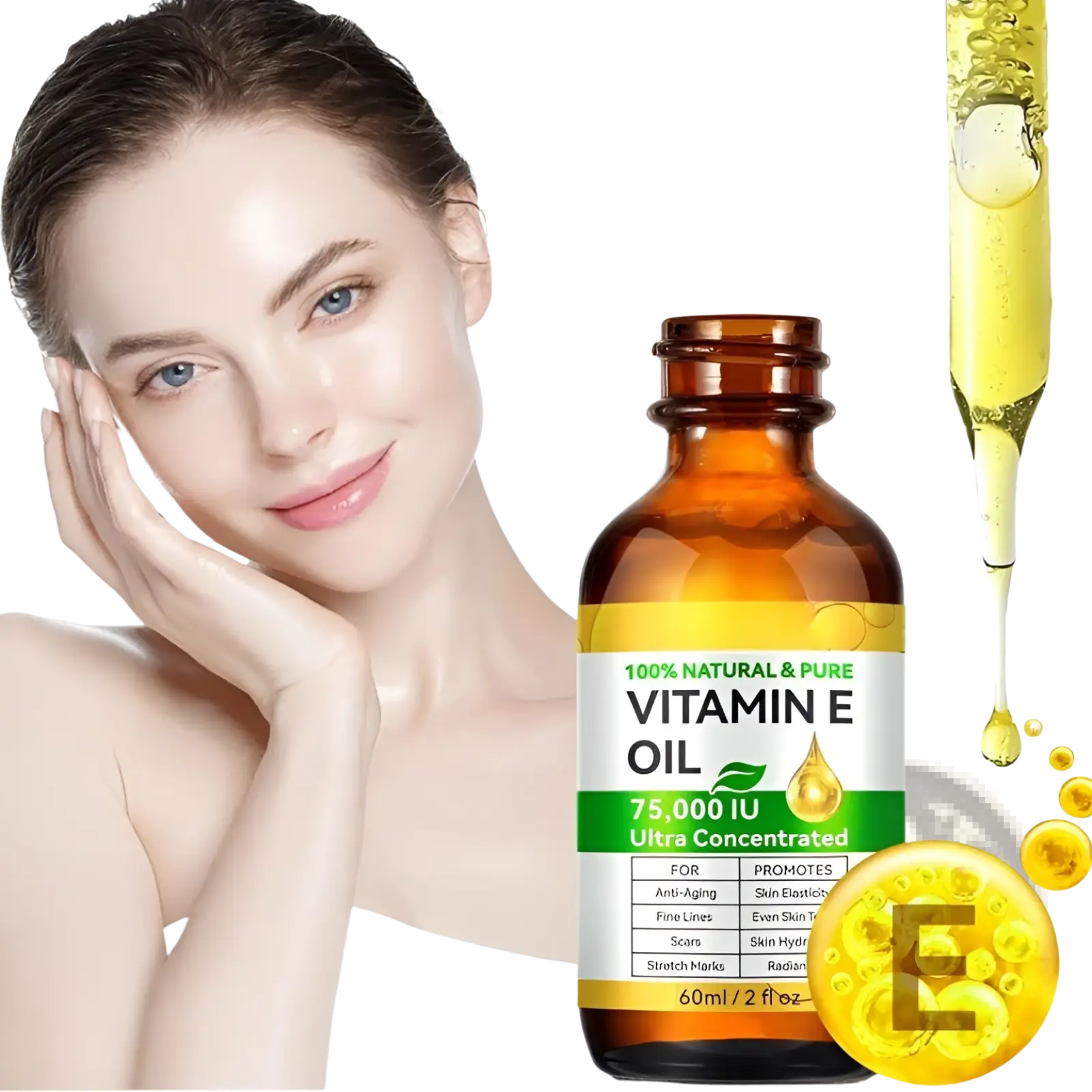 Amber glass bottle of vitamin e oil 75000 iu ultra concentrated 60ml with yellow and green label