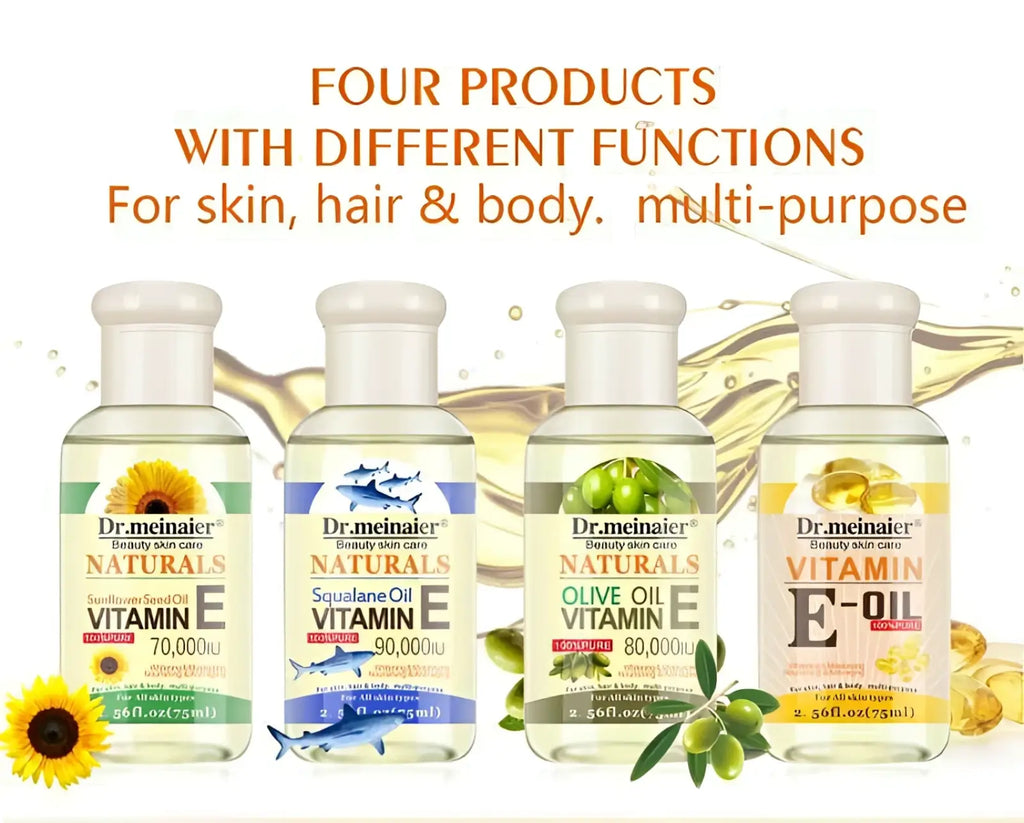 Four transparent bottles of Dr. vitamin E synthesis oil 75ml for face body and hair care visible from the front side