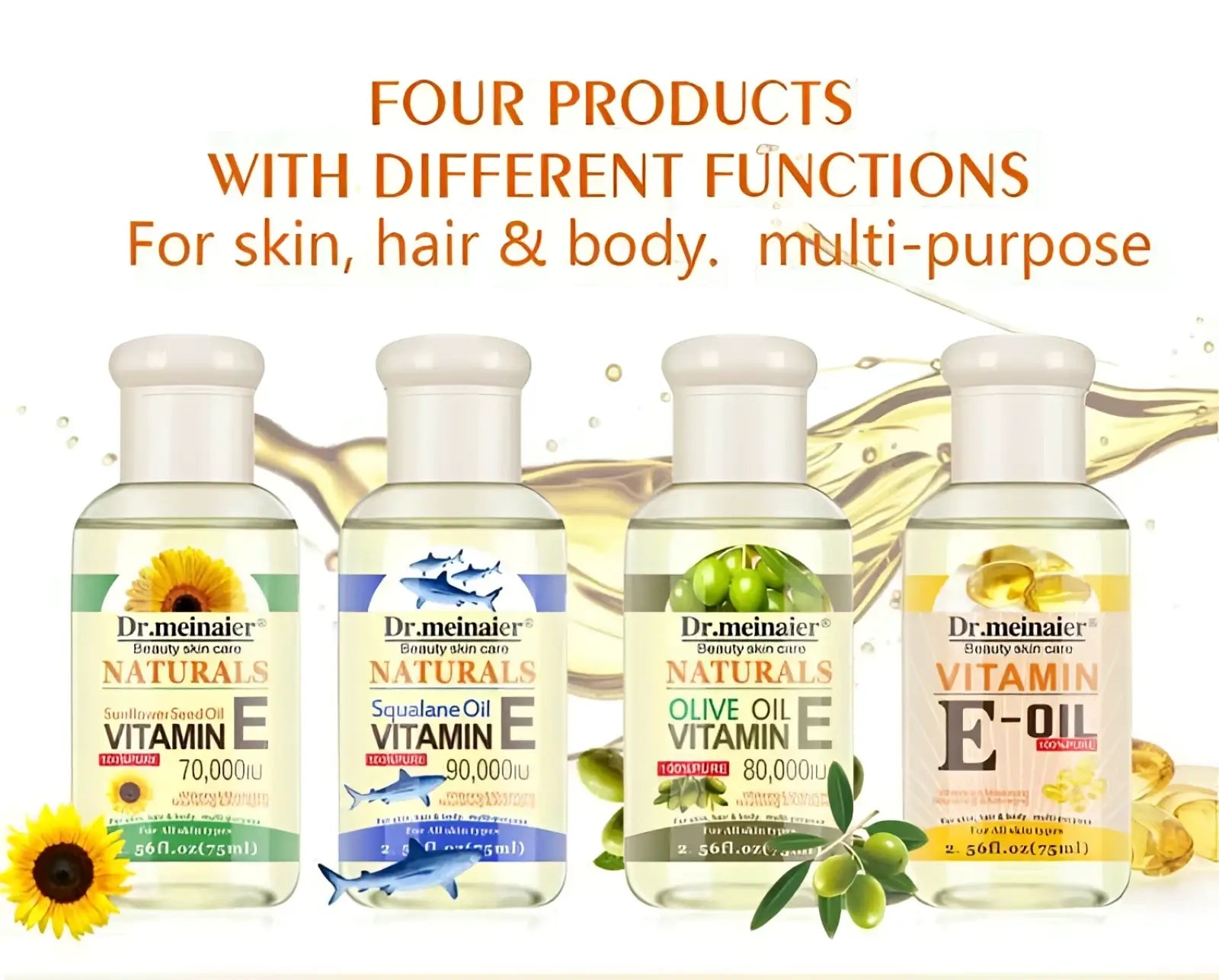 Four transparent bottles of Dr. vitamin E synthesis oil 75ml for face body and hair care visible from the front side